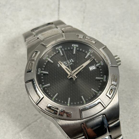 Fossil Watch Men 40mm Date Rotating Bezel Gray Dial Silver Tone New Battery READ - Picture 1 of 12